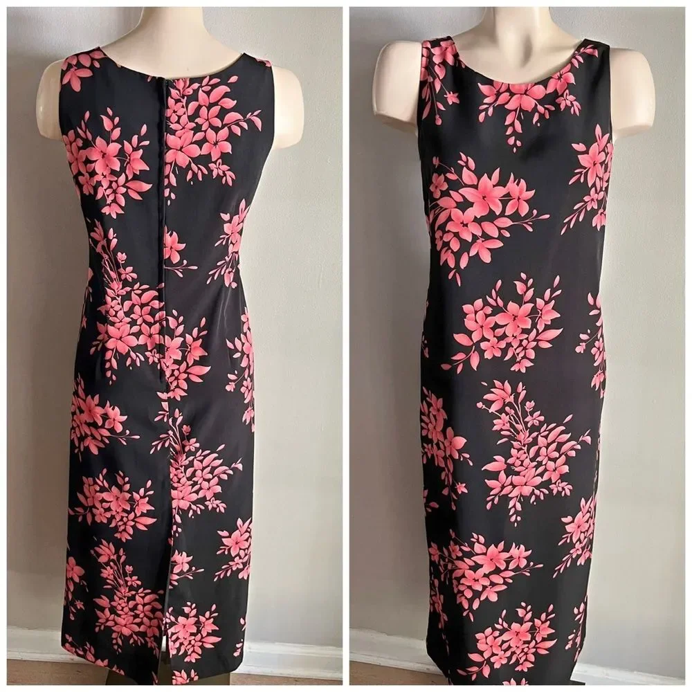 Vintage Studio I Black Pink Floral Midi Dress Petite 10P Sleeveless
